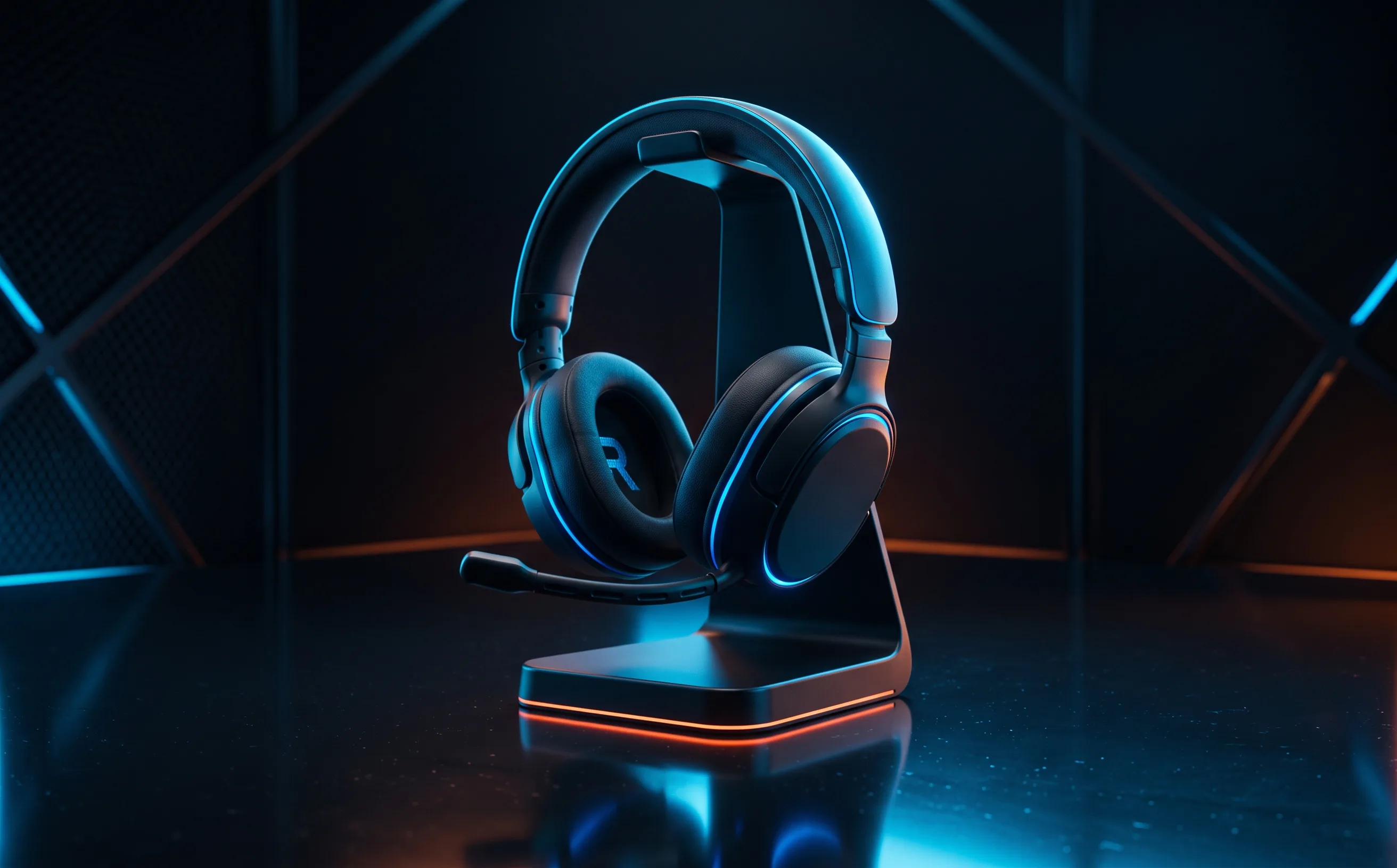 SteelSeries Arctis Nova Pro Omni wireless gaming headset on a dark stand, moody blue studio lighting
