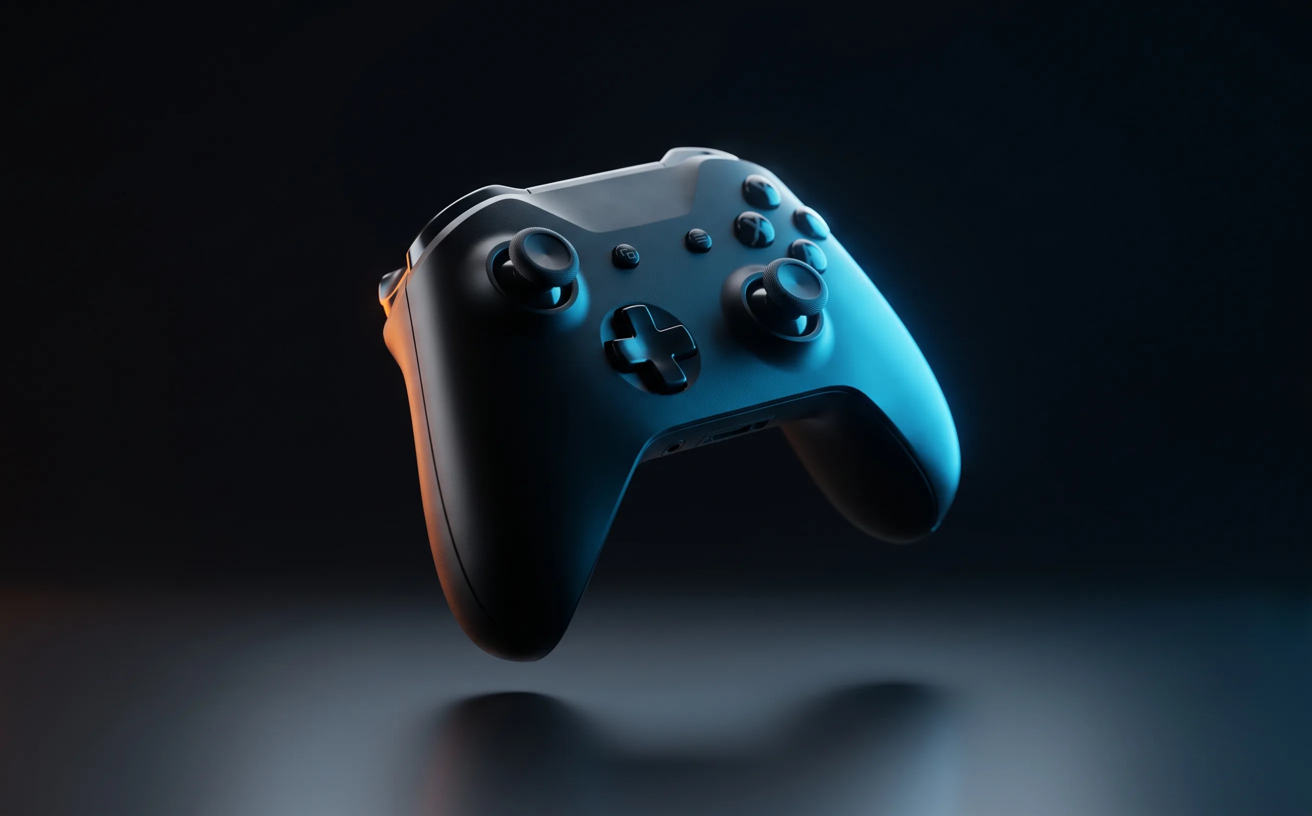 PlayStation DualSense Edge controller in midnight black, moody stadium lighting with blue rim light