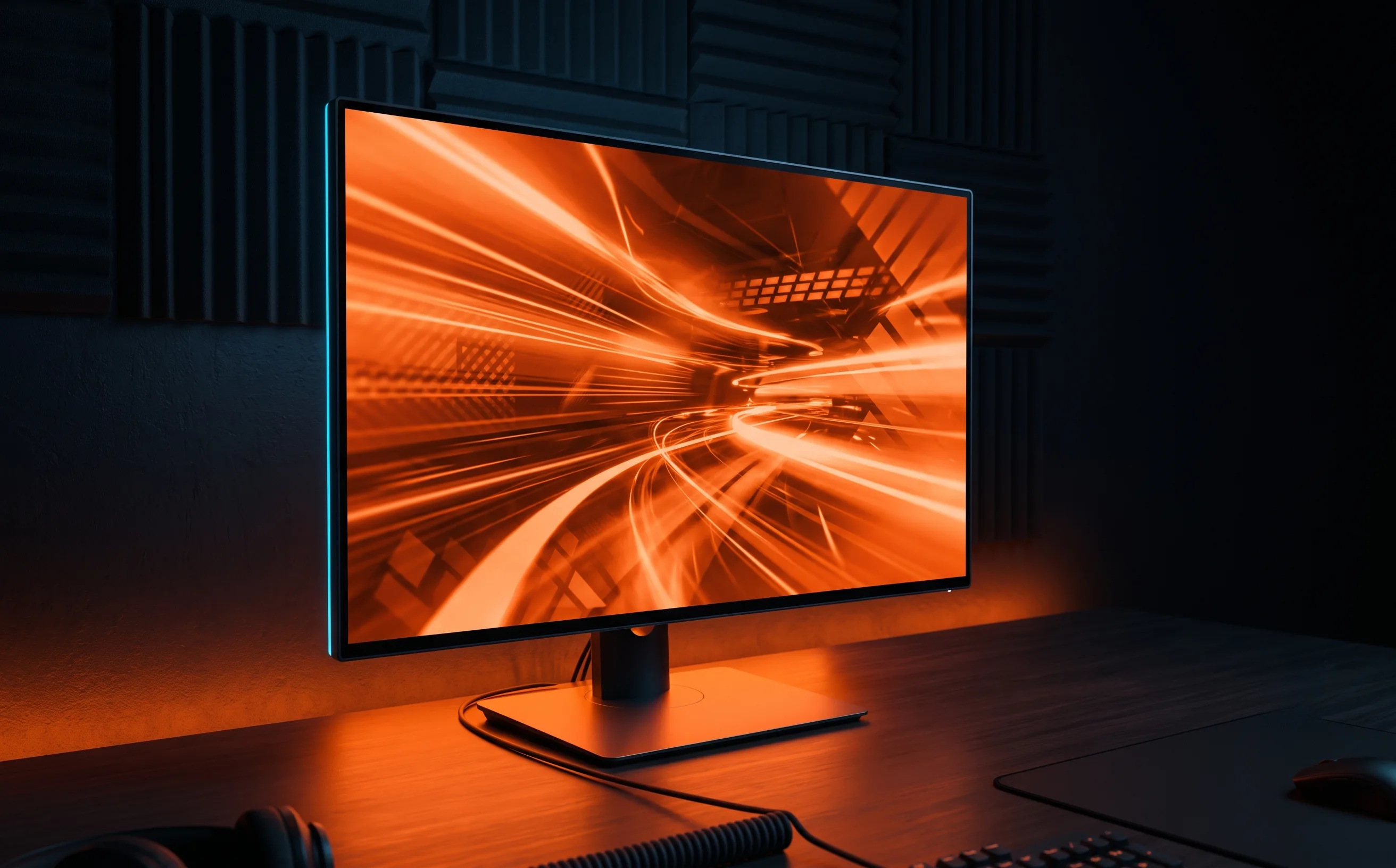 24.5-inch 240Hz gaming monitor displaying a Rocket League-style scene, dramatic dark room setup with orange glow