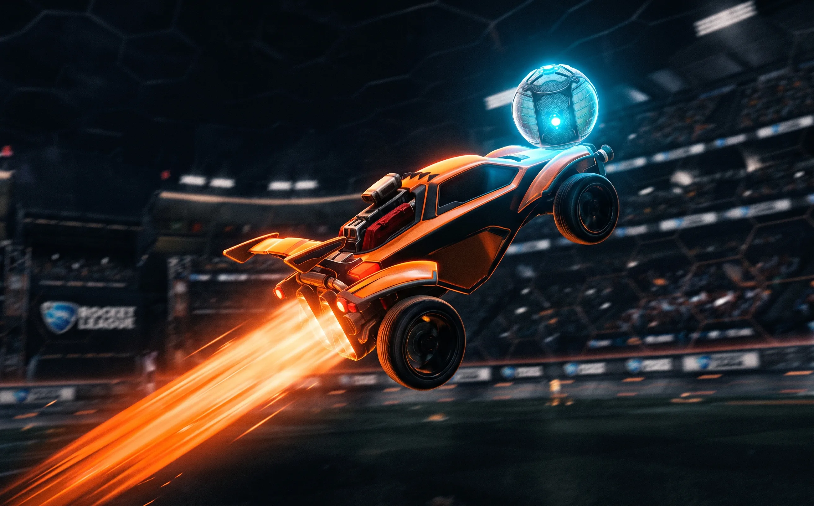A Rocket League car mid-air, ball balanced on its nose against a stadium backdrop with orange boost trail