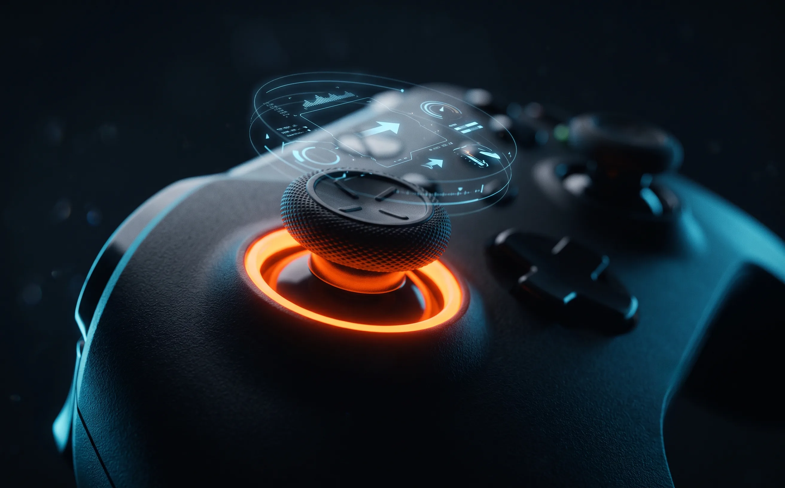 Close-up of a controller thumbstick beside a Rocket League deadzone settings display