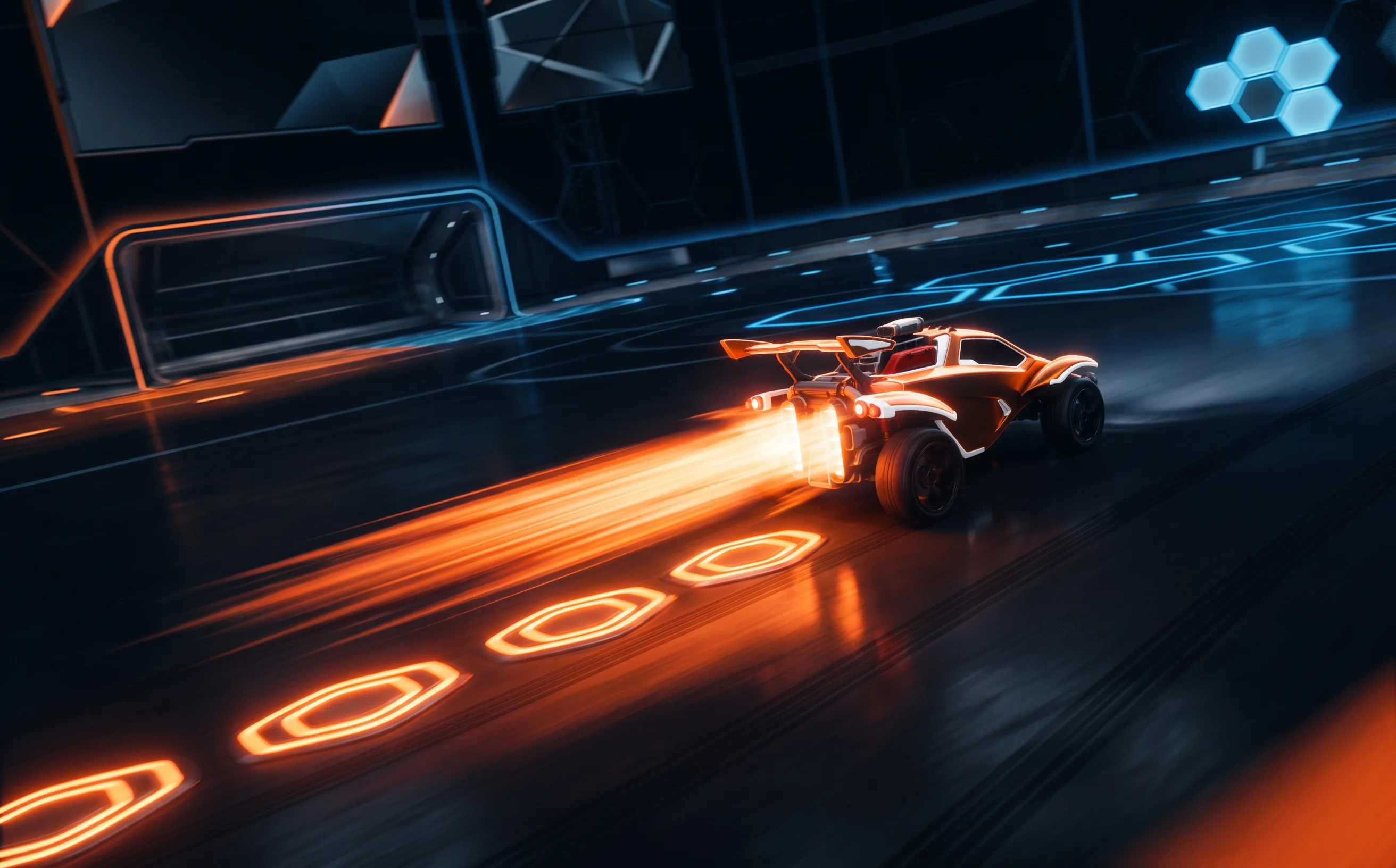 Rocket League car driving through a trail of small boost pads glowing orange against a dark arena floor