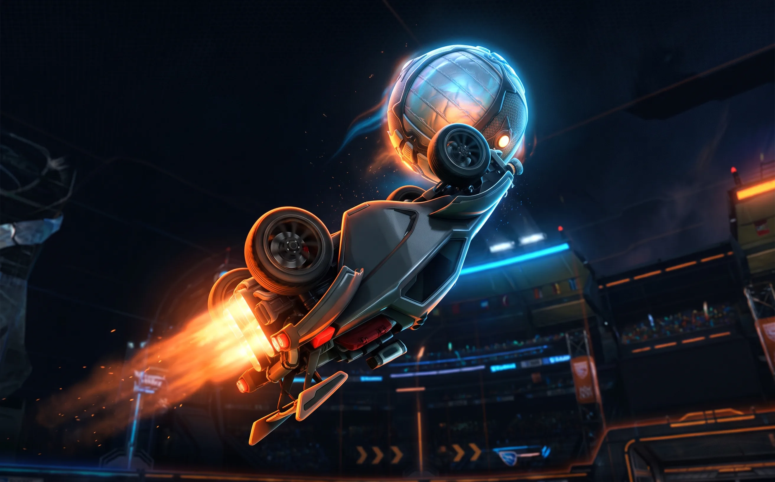 Rocket League car flipping upside-down beneath the ball mid-air, dramatic rim lighting