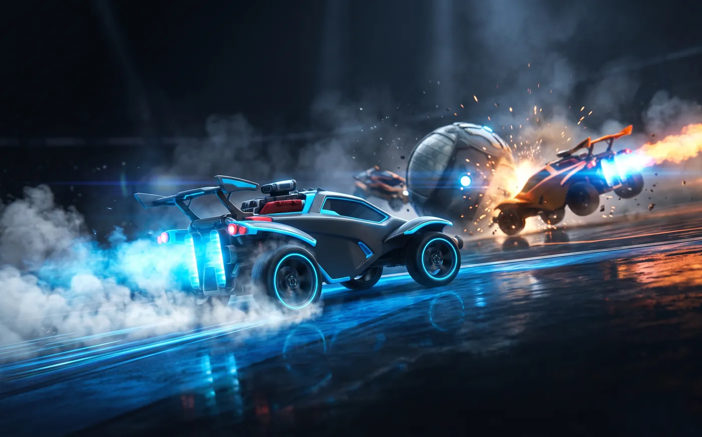 A rocket-boosted car braking hard and peeling away from a contested ball while two other cars collide in blurred chaos behind it